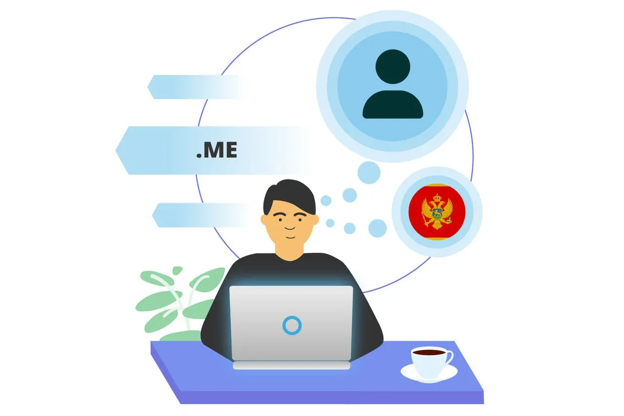 Illustration of a person working on a laptop with .ME domain concept icons and Montenegro flag.
