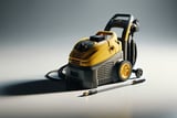 Yellow and black portable pressure washer with hose and spray wand on a neutral studio background.