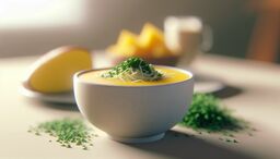Creamy potato soup in a white bowl topped with shredded cheese and chopped herbs on a sunlit table.