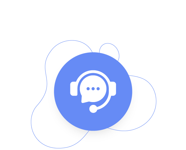 Blue circular icon with a white headset and chat bubble, over abstract light blue blob shapes on a white background.