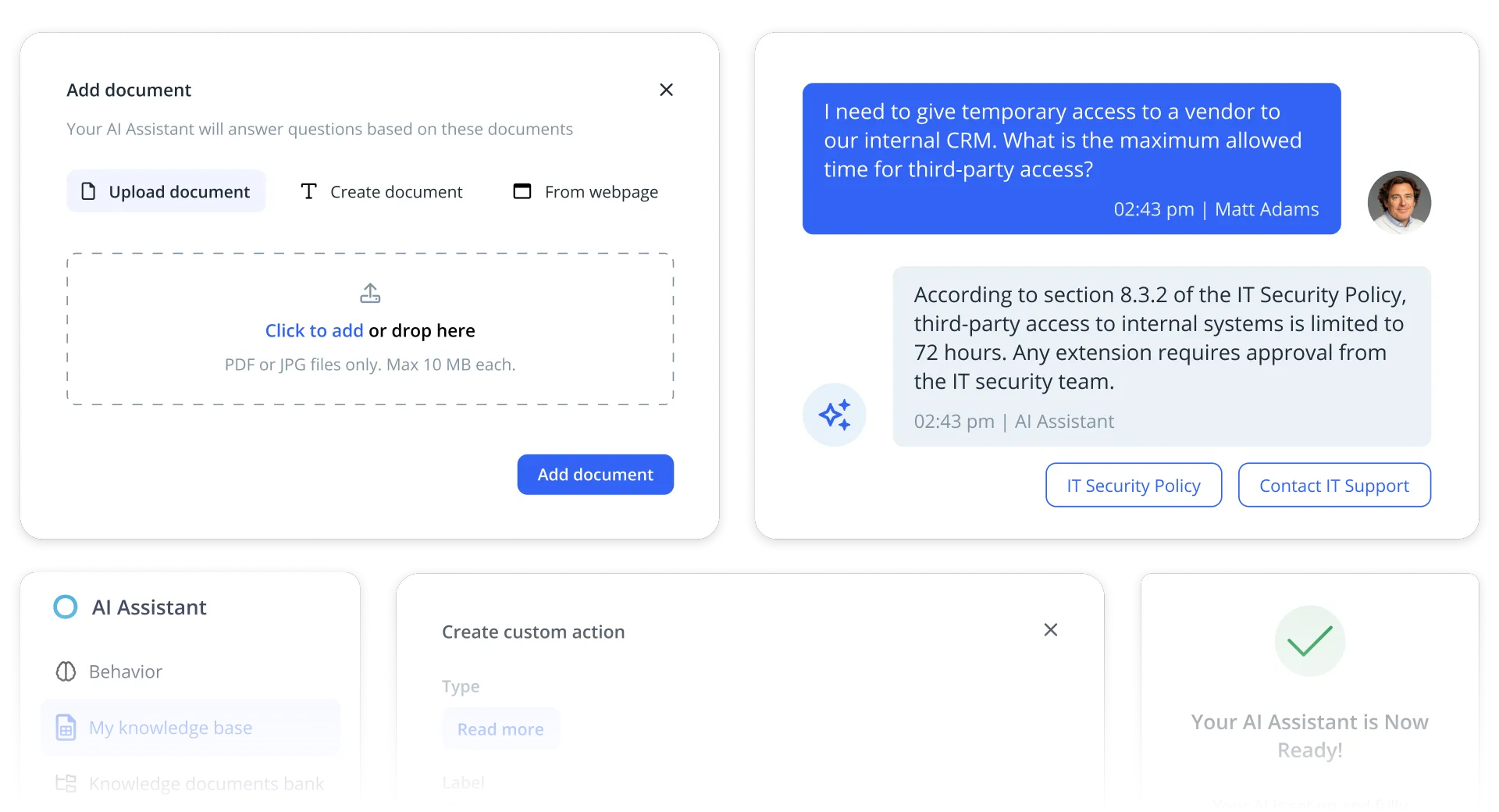 Business management software dashboard with AI assistant tools and document uploads for growing businesses