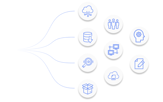 Diagram with dotted lines branching to nine circular tech icons such as cloud, database, people, head, network, magnifying glass, package, cloud storage, and document editor.