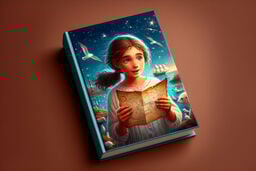 Illustrated children’s book with a cover showing a girl holding an old map by the sea under a starry sky, surrounded by seagulls, a ship, and coastal scenery.