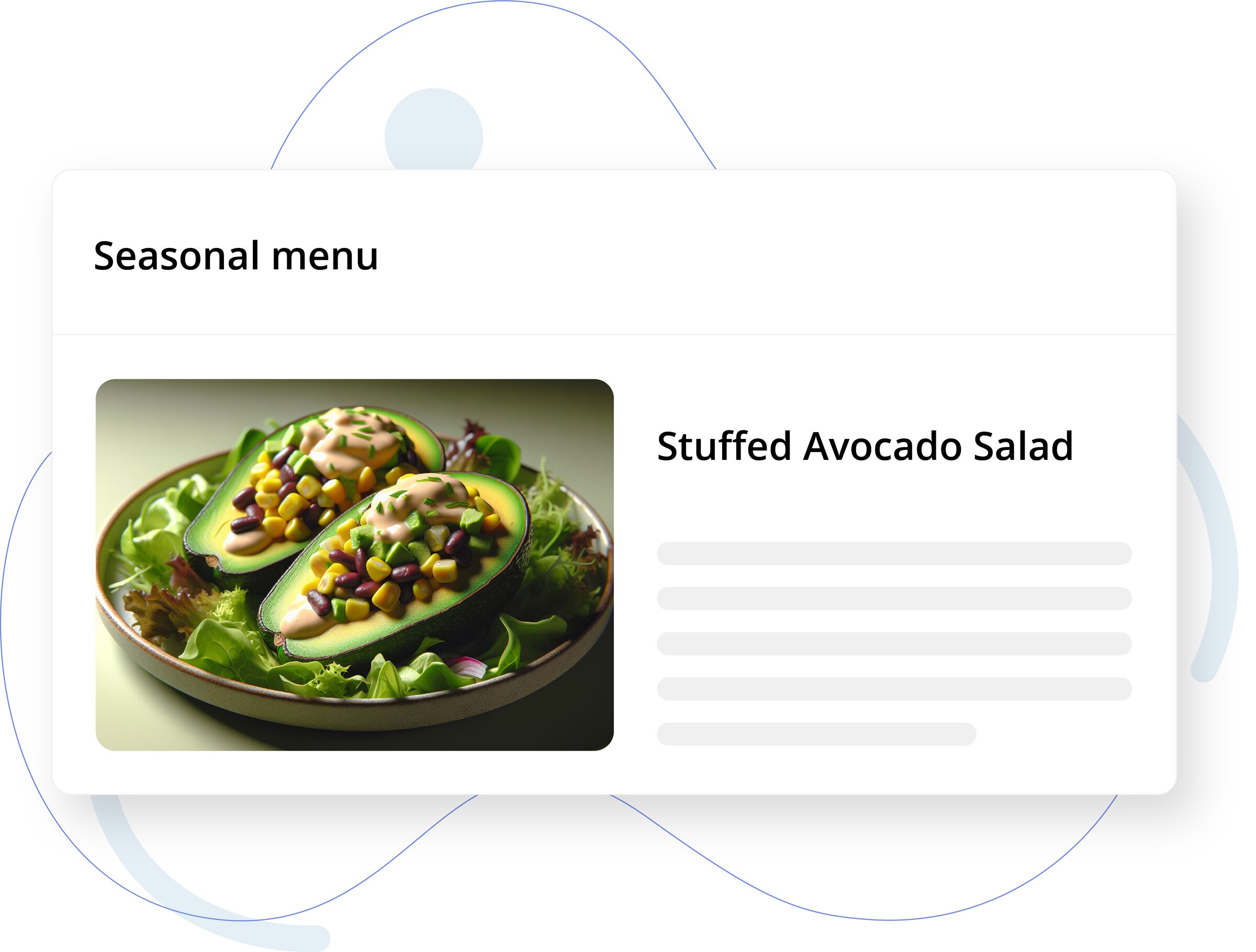 Card-style web layout featuring a 'Seasonal menu' section showcasing a dish called 'Stuffed Avocado Salad.' On the left, a photo shows halved avocados filled with corn, beans, and diced vegetables on a bed of fresh greens, drizzled with dressing. On the r