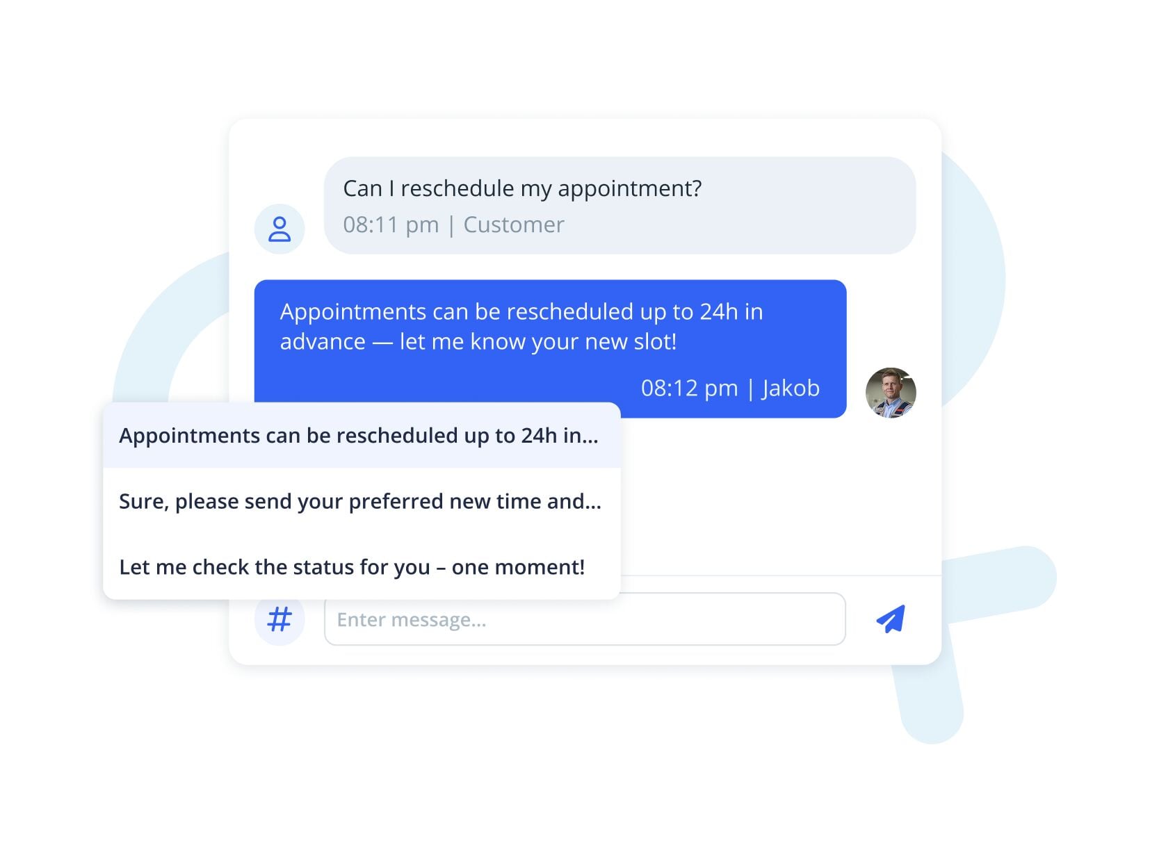 Illustration of a customer support chat showing quick-reply suggestions for rescheduling an appointment.