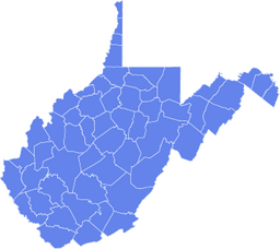 Map outline of West Virginia divided into counties, shaded in blue.