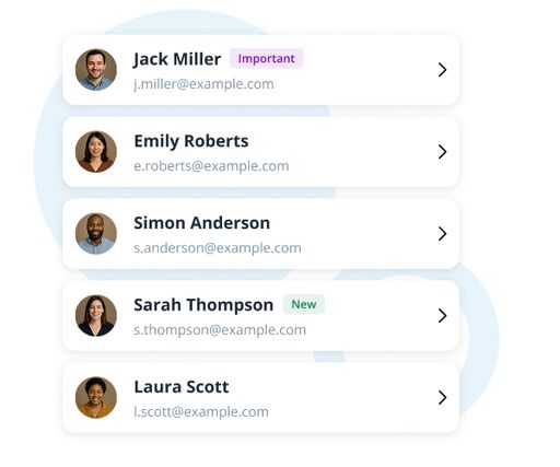Contact list UI with profile avatars, names, emails, and status tags like Important and New, each row having a right arrow.