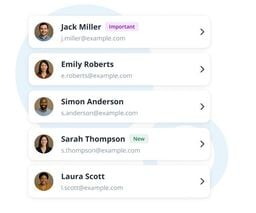 Contact list UI with profile avatars, names, emails, and status tags like Important and New, each row having a right arrow.