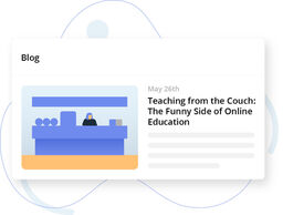 Blog card UI showing an illustration on the left and a post preview on the right titled “Teaching from the Couch: The Funny Side of Online Education" dated May 26th.
