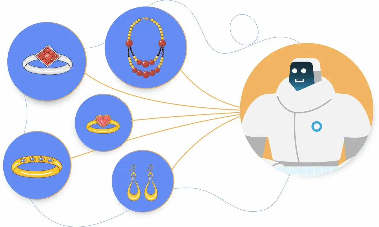 Illustration of a friendly robot linked to various jewelry items in round blue icons, including rings, a beaded necklace, and drop earrings.
