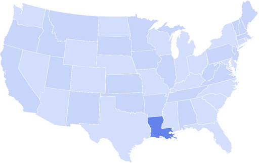Map of the United States with Louisiana highlighted in a darker blue
