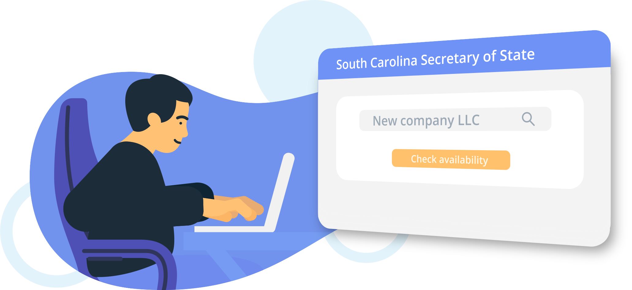 Illustration of a person at a laptop checking a business name on the South Carolina Secretary of State website.