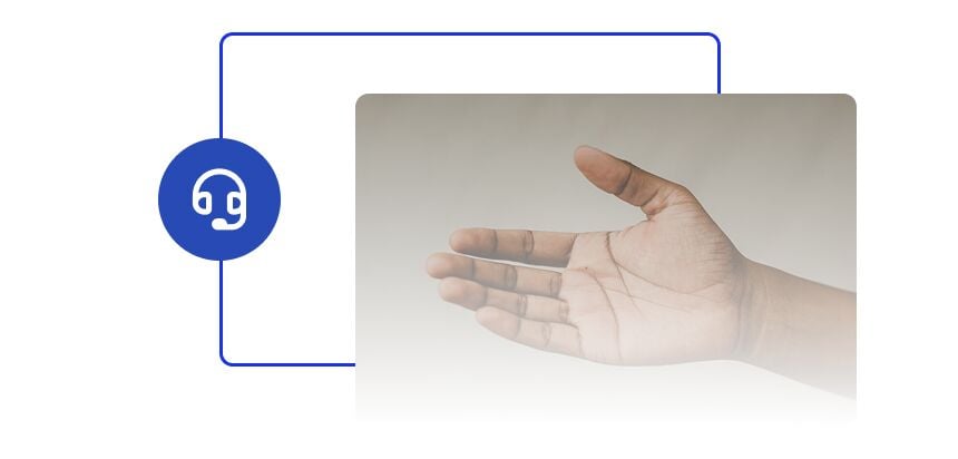 Outstretched hand reaching forward next to a blue support headset icon connected by a rounded line on a light background.