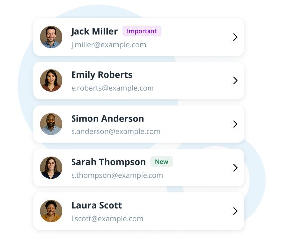 Contact list UI with profile avatars, names, emails, and status tags