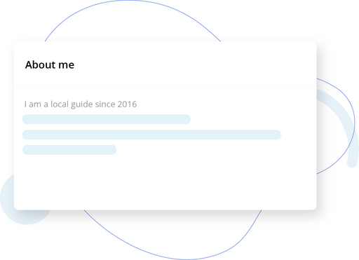 UI card titled About me with placeholder text saying I am a local guide since 2016 and three light blue lines indicating text placeholders on a white panel over a minimal abstract background with curved blue lines and soft shadows.