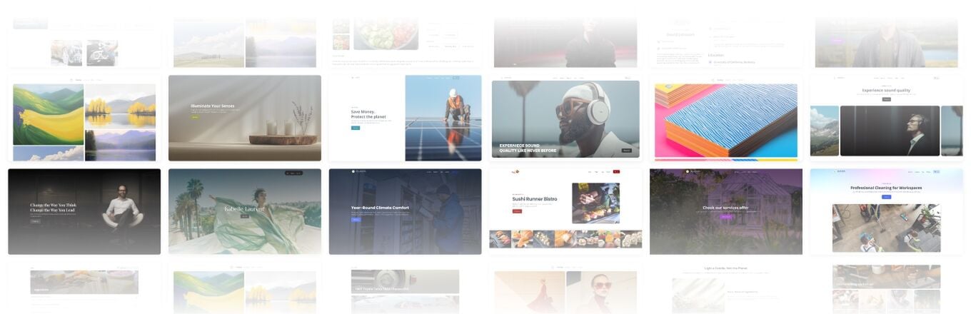 Collage of website templates displayed in a light gallery grid