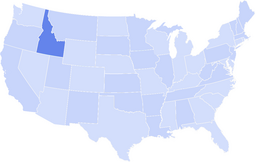Map of the United States with one state in the Northwest highlighted in a darker blue, indicating Idaho.