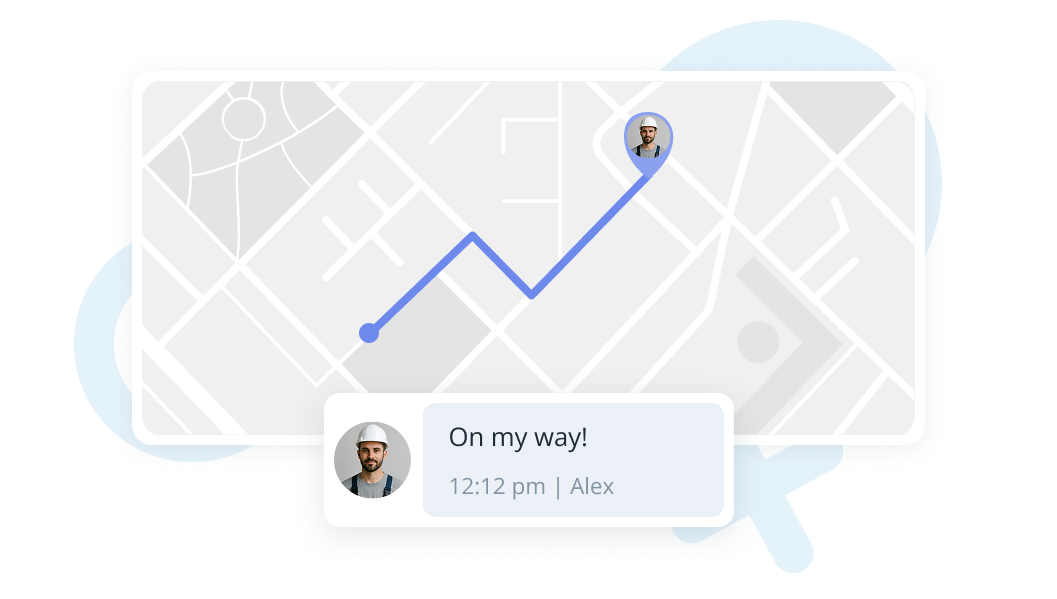 Map interface showing a route with a driver’s live location and a message bubble saying “On my way!"