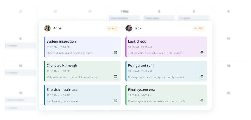 Digital dashboard showing a team schedule for two members with color-coded task cards and times on a blurred calendar background.