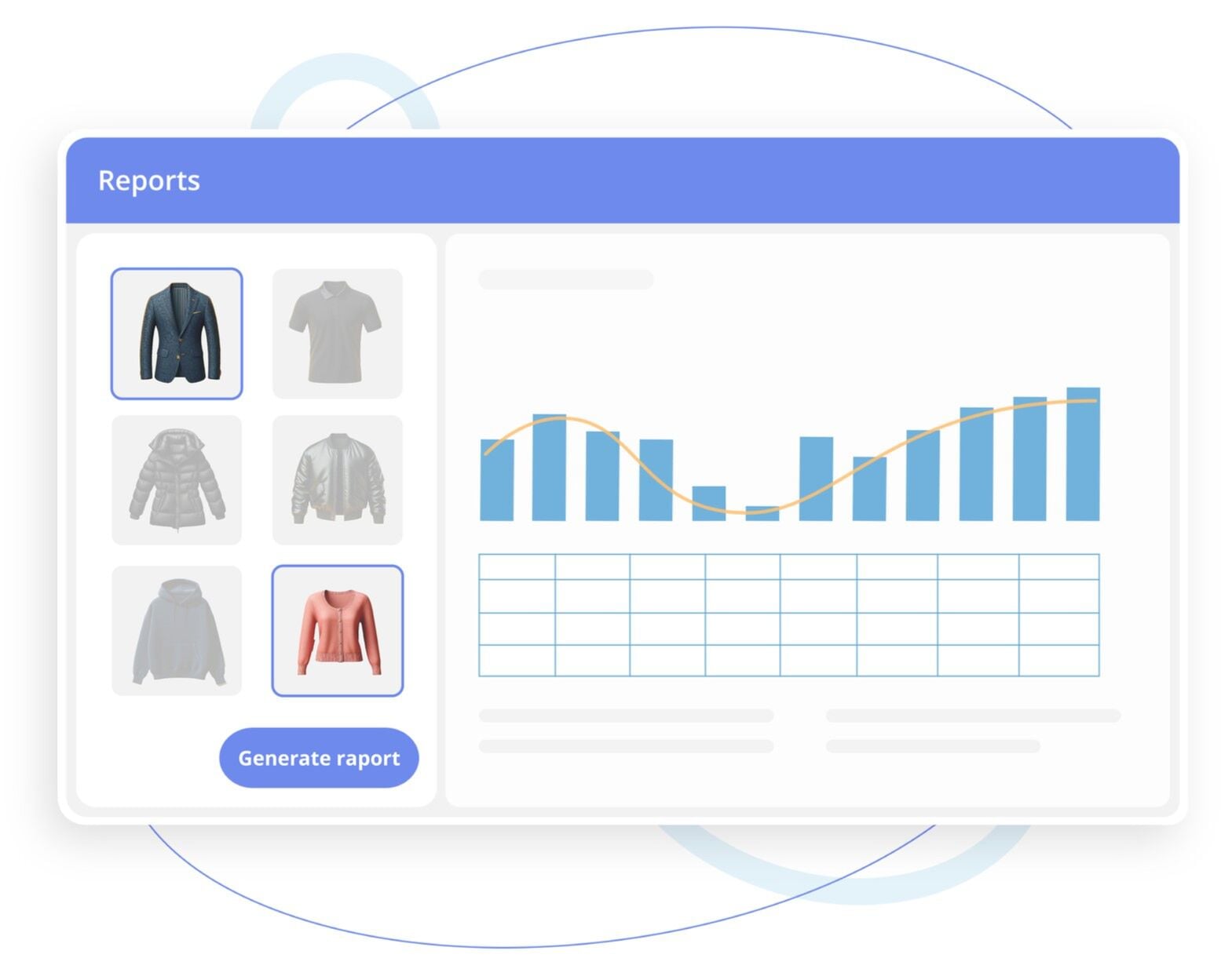 Dashboard mockup showing a clothing reports panel with product thumbnails, a bar chart with trend line, and a data table.