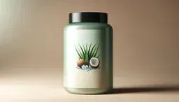 Minimalist product mockup of a pale green jar with a black lid, featuring an aloe vera and coconut graphic on the label, set against a warm beige background.