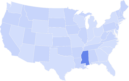 Map of the United States with Mississippi highlighted in a darker blue.