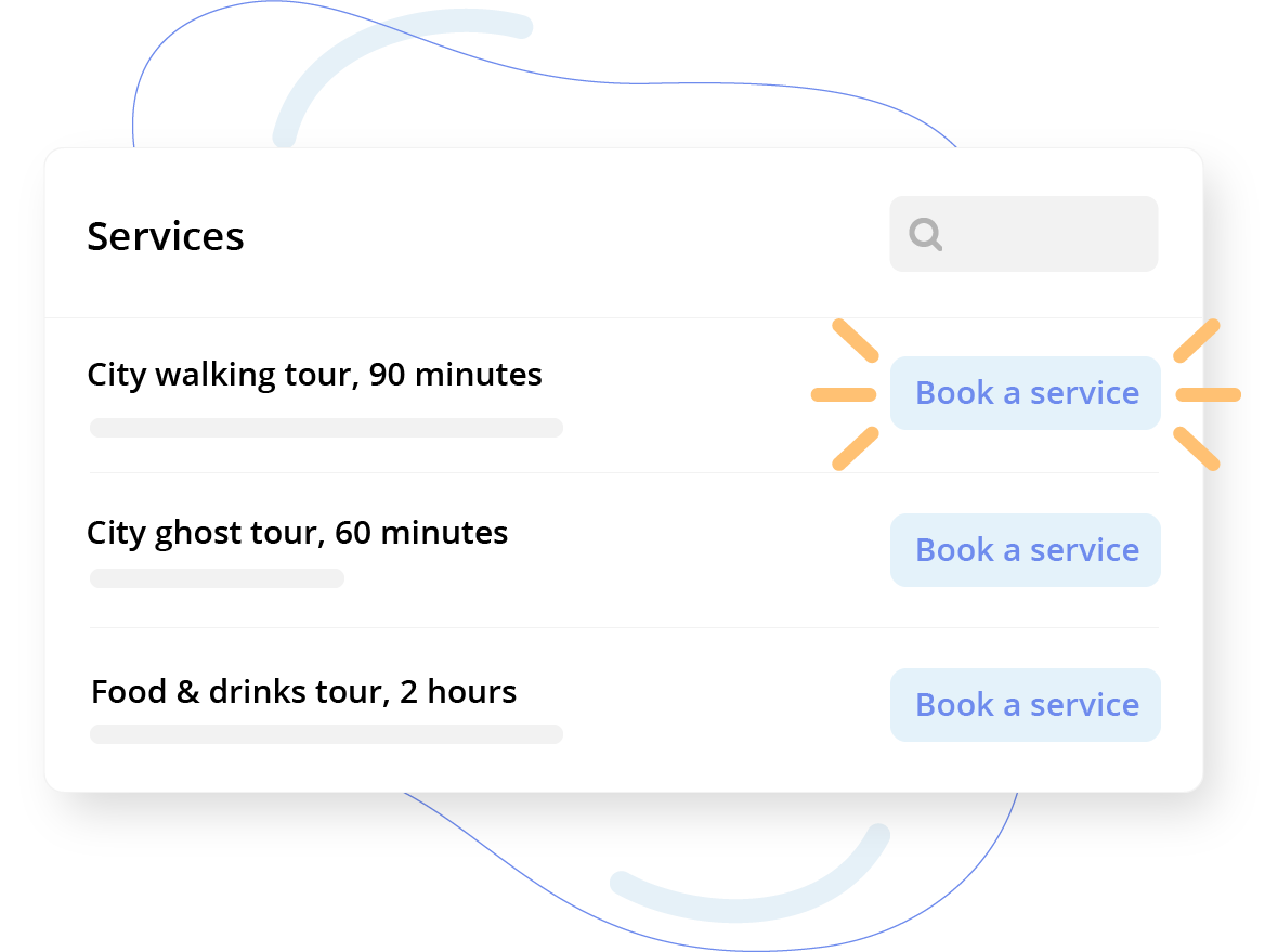 Service booking UI with a list of tours and prominent 'Book a service' buttons.
