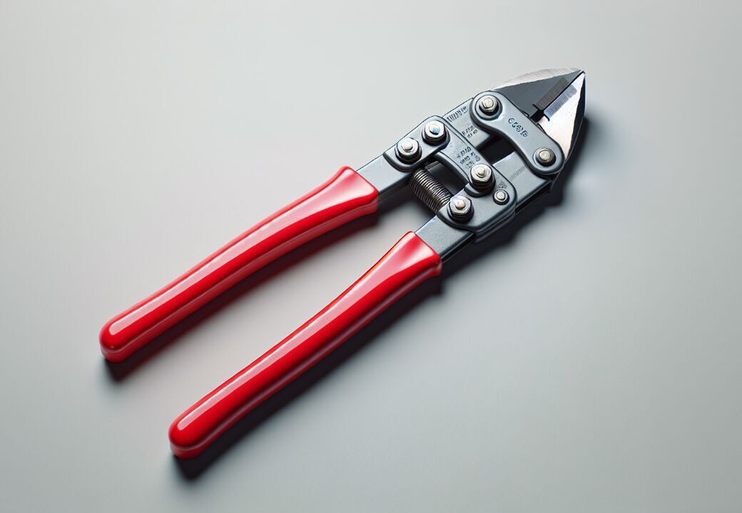 Close-up of a pair of bolt cutters with red handles on a light gray surface.