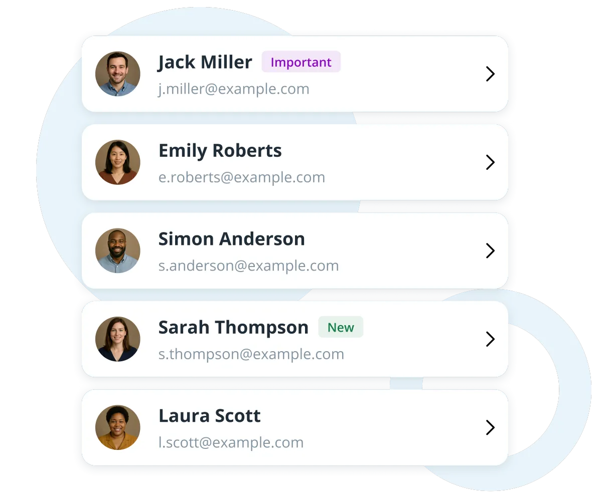 Client list UI showing profile cards with avatars, names, emails, and tags for Important and New