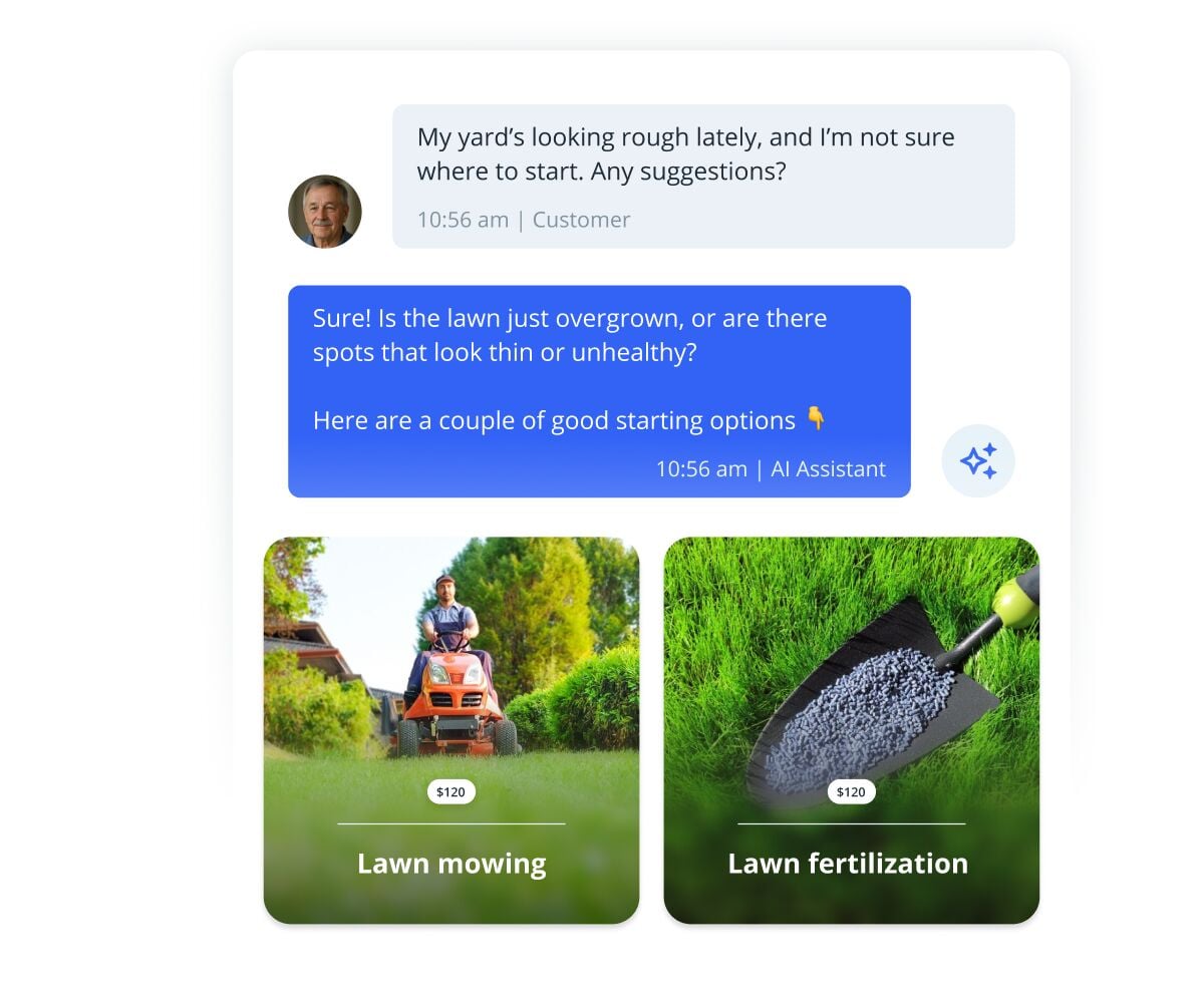 Chat interface where an AI assistant suggests lawn care services with visual cards for Lawn mowing and Lawn fertilization priced at $120 each.
