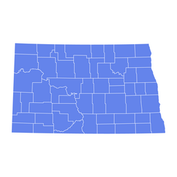 Simplified blue map of North Dakota showing county boundaries on a white background.