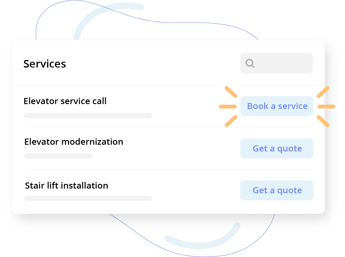 UI mockup of a services list with call-to-action buttons, highlighting a “Book a service" button.