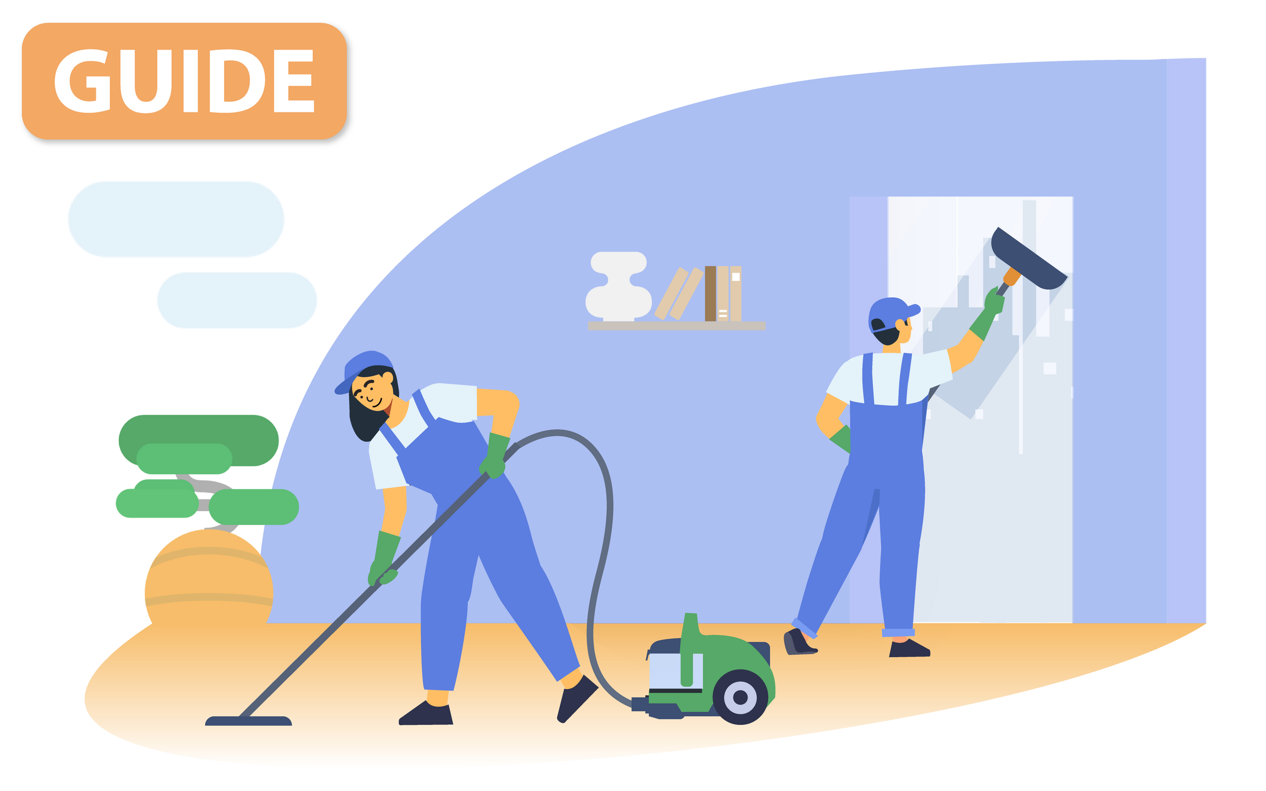 Illustration of two people cleaning, one vacuuming the floor and the other washing a window, with 'GUIDE' prominently displayed.
