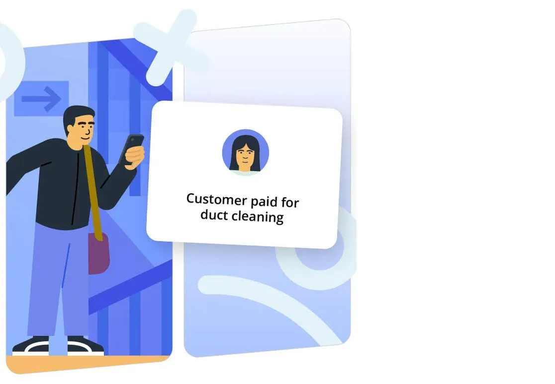 Illustration of a person checking their phone with a floating notification card that reads "Customer paid for duct cleaning." The scene uses flat, minimal graphics in blue and purple tones, with abstract shapes in the background.