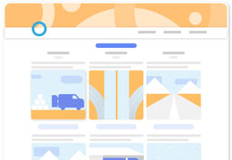 Illustration of a website or app interface mockup showing a header and a grid of image cards with simple icons and placeholders.