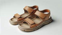 Pair of tan leather sport sandals with thick cushioned soles and three adjustable Velcro straps, displayed on a light background.