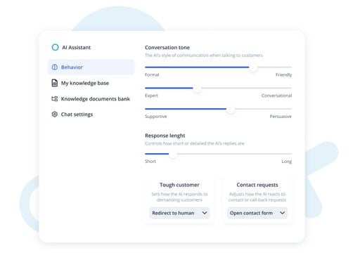 AI assistant behavior settings panel with sliders for tone and response length, and options for handling tough customers and contact requests.