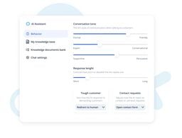 AI assistant behavior settings panel with sliders for tone and response length, and options for handling tough customers and contact requests.