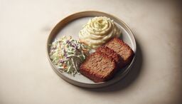 Plate with three slices of glazed meatloaf, a swirl of creamy mashed potatoes, and a serving of coleslaw.