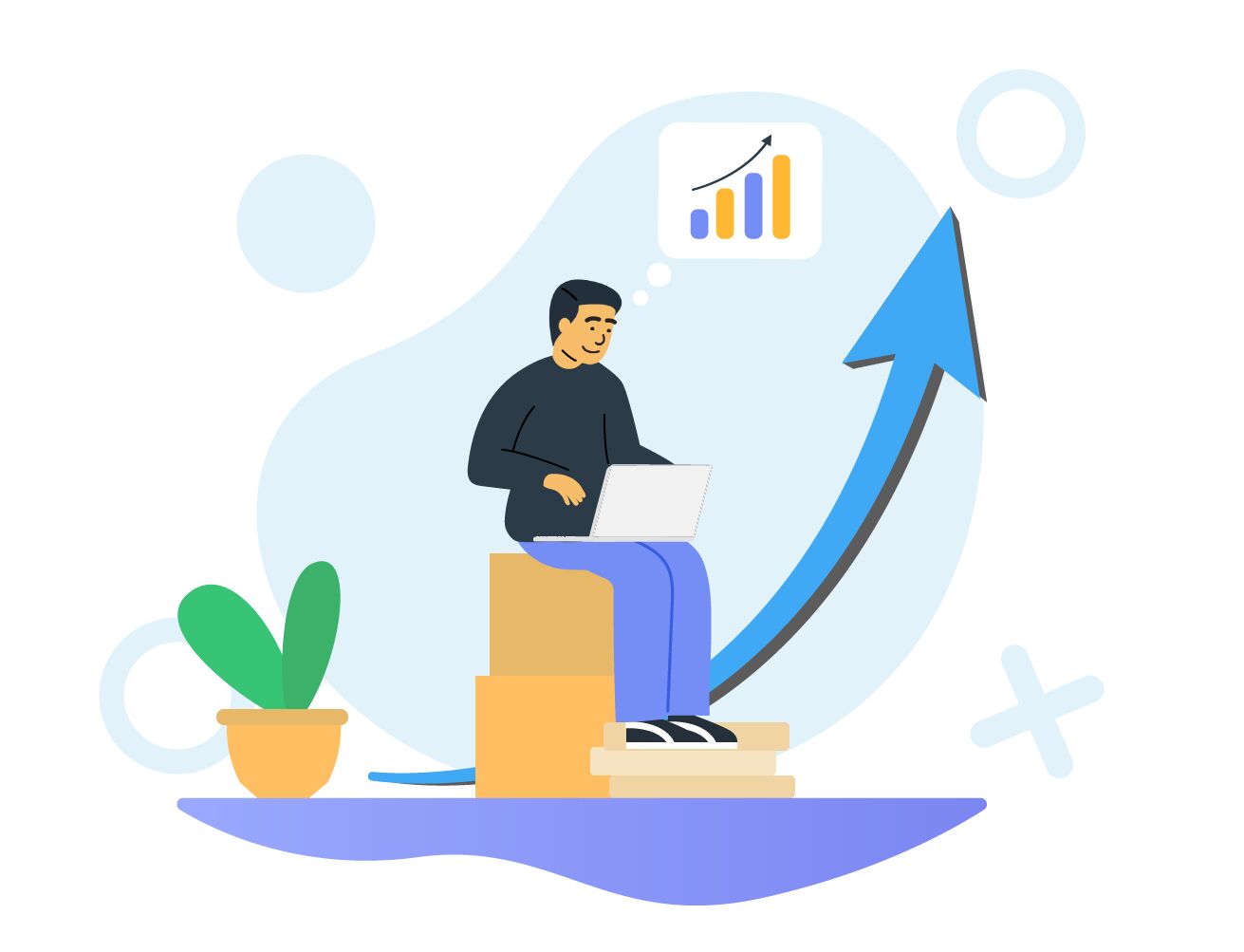 Illustration of a person working on a laptop with an upward arrow indicating growth and a thought bubble showing a rising chart.