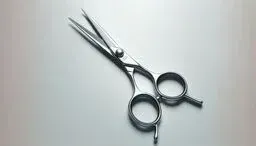 Close-up of stainless steel hairdressing scissors on a smooth, light gray surface