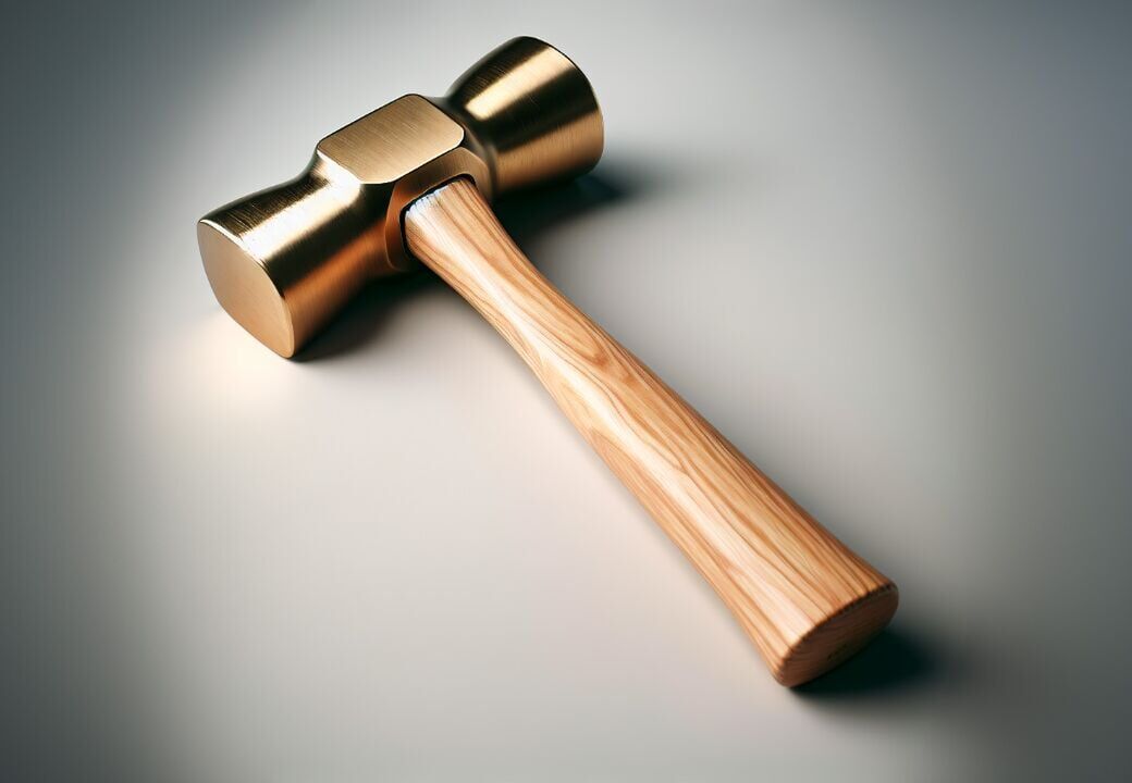 Polished brass double-faced mallet with a smooth wooden handle on a neutral background