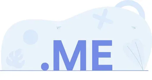 Abstract light-blue background with large ".ME" text in bold purple-blue letters and soft organic shapes and icons scattered behind it.