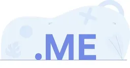 Abstract light-blue background with large ".ME" text in bold purple-blue letters and soft organic shapes and icons scattered behind it.