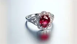 Ornate silver ring with a round red gemstone at the center, encircled by small clear stones, resting on a reflective light background.