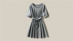 Gray short-sleeve belted dress laid flat on a neutral background.