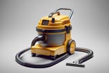 Yellow and gray wet/dry shop vacuum with hose and floor nozzle on a neutral background