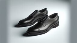 Pair of black leather cap-toe Oxford dress shoes on a light gray surface, angled to showcase their polished finish and fine stitching.
