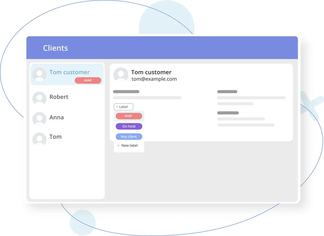 Client management dashboard UI mockup with a sidebar of client names and a detailed panel for a selected contact showing labels and info.