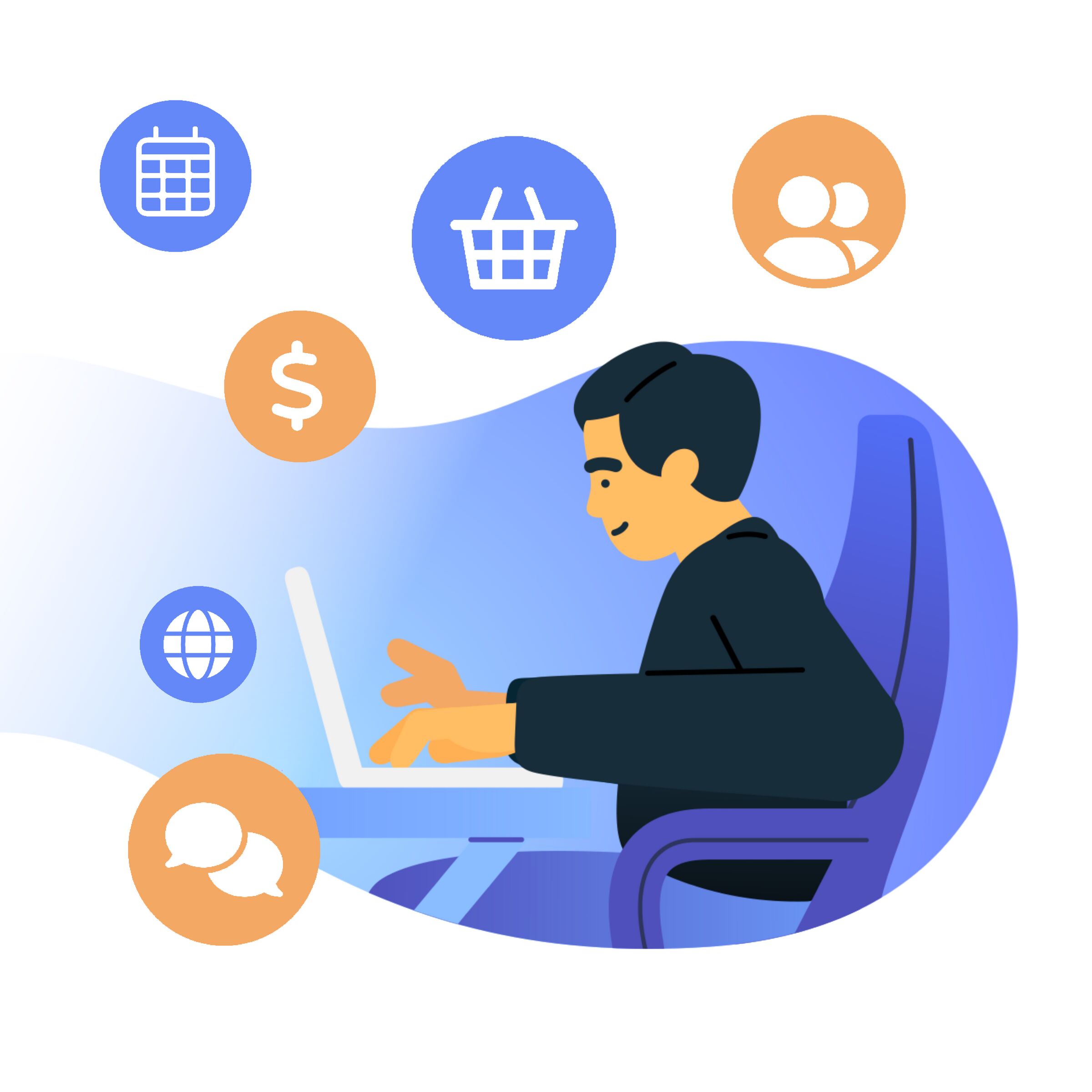Illustration of a person using a laptop with floating icons representing calendar, shopping cart, user profiles, globe, chat, and money.